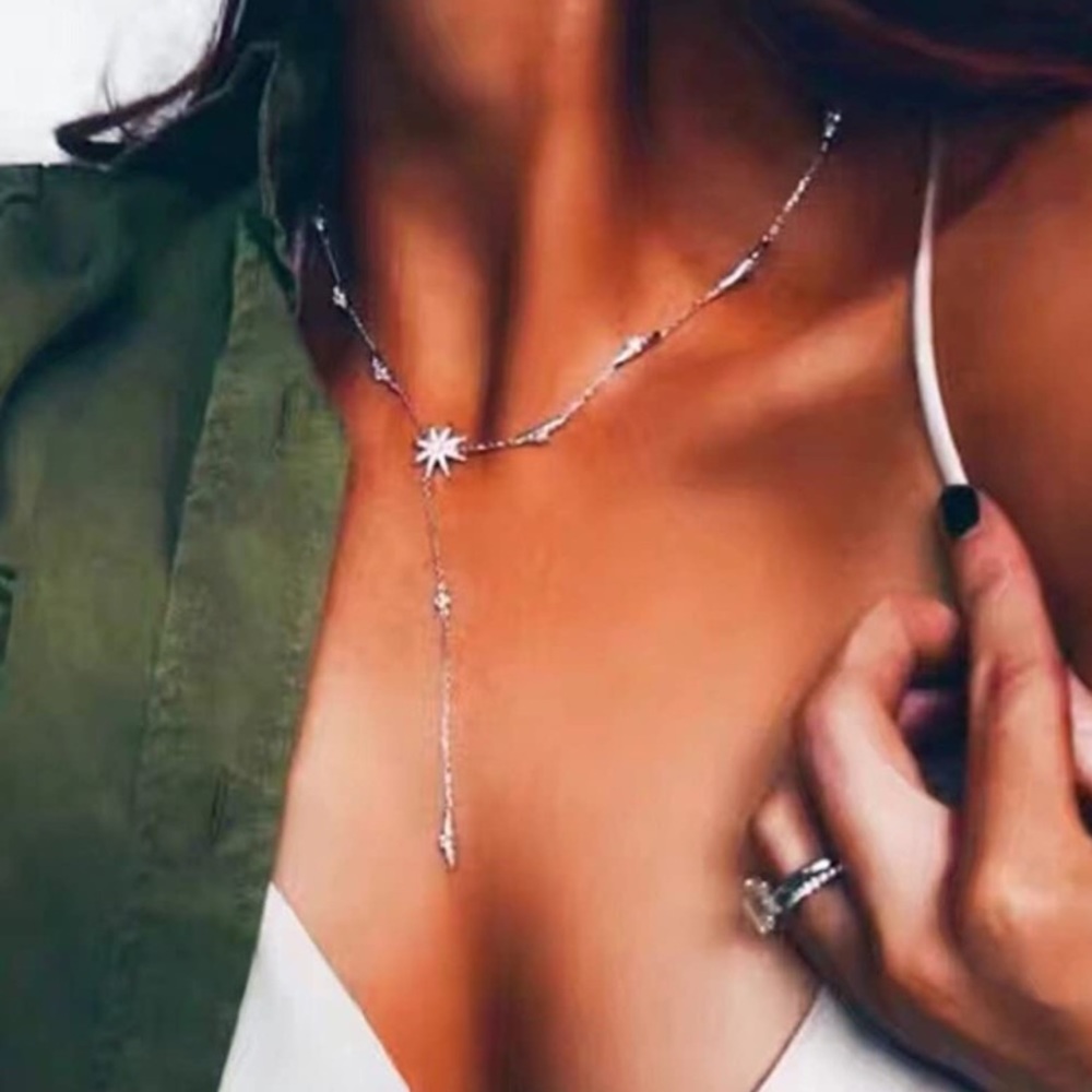 Star Drop Y Shaped Lariat Necklace Plated with 14k White Gold